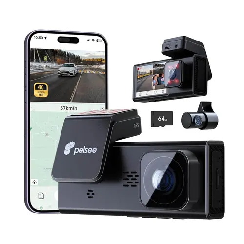Pelsee P2 Trio 3-Channel 4K Dual Dash Cam - 4K+1080P+1080P Front-Inside-Rear, IR Night Vision, Built-in Wi-Fi, Voice Control, GPS, 24H Parking Mode, 9*6.5*3in Auto Gadget with Memory Card, GPS Dashboard Camera, Dashcam Vehicle