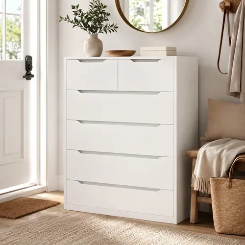 RaybeeFurniture White Wooden Dresser with 6 Deep Drawers, Modern Chest of Drawers with Anti-Tip Kit, Embedded Handle Design, Durable, Affordable Modern Storage Cabinet, Space Saving Aesthetic Home Decor for Hallway, Living Room & Home Office