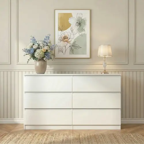 Spaco White Wooden 6-Drawer Bedroom Dresser - Minimalist Drawer Tower, TV Stand Dresser, Home Storage Cabinet, Aesthetic Living Room Furniture