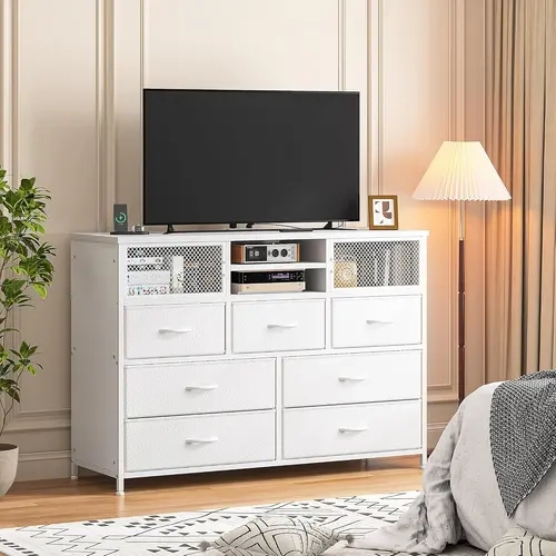 RaybeeFurniture Dresser with 7 Drawers for Bedroom, TV Stand with Power Outlet, TV Stands for Living Room Dresser for Bedroom, TV Console Table with Storage Entertainment Center,Metal Door