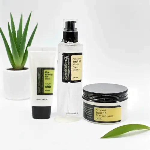 COSRX Complete Skincare Kit - Lightweight Aloe Moisturizing Cream, Hydrating Snail Mucin Soothing Sunscreen, Daily Radiant Glow Skincare Staples