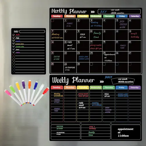 Magnetic Dry Erase Calendar Whiteboard, 1 Set Including Monthly, Weekly, and Daily Planning Calendar & 8 Markers & Eraser, Magnetic Erasable Chalkboard Set for Home Office