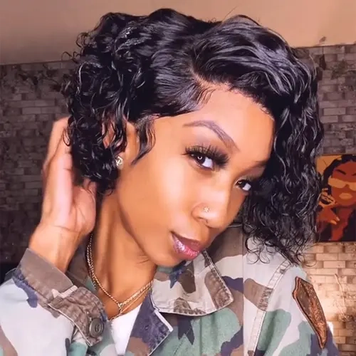 OQHAIR 8 Inch 13x4 Lace Front Pixie Wigs Summer Look Short Curly Wigs Human Hair 180 Density