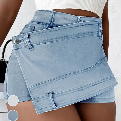 Women's Plain Woven Denim Shorts, Asymmetrical Hem Button Pocket Wrap Twist Jeans Skort, Basic Casual High Waist Essential Jeans Shorts for Summer, Summer Clothes Bottoms, Womenswear Piece, High Waisted Skort