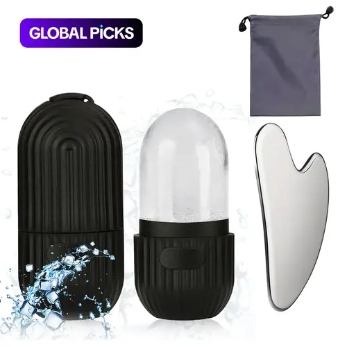 Silicone Facial Ice Grid and Stainless Steel Scraping Tool Set with Storage Bag, 2 Pieces/Set Reusable Facial Care Tools, Manual Massage Supplies, Skincare Products, Daily Beauty Tool #GLOBAL PICKS