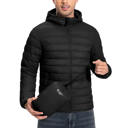 Pioneer Camp Men's Lightweight Packable Hooded Heated Puffer Jacket - Insulated Thermal, Windproof, 6-pocket Carry, Zip Long Sleeve Outerwear - Breathable Bubble Cotton, Elastic Cuff Tops for Running, Travel #sohochic