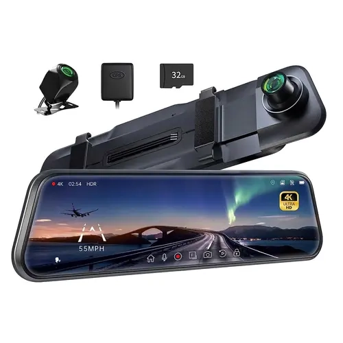 PELSEE P10 Pro/P12 Pro 4K Dual Mirror Multi Camera Dash Cam with ADAS Alerts, BSD, Night Vision, Voice Control, Parking Monitoring, GPS Route Proof, 32GB Micro SD Card, Car Charger, Cleaning Cloth & Screws (Front Rear Dashcam for Driving Safety)