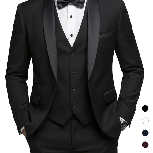 YND Men's 3-Piece Slim Fit Long Sleeve Tuxedo Set - 1-Button Shawl Collar Solid Jacket, Vest, Pants, Bow Tie - Formal Wear for Weddings