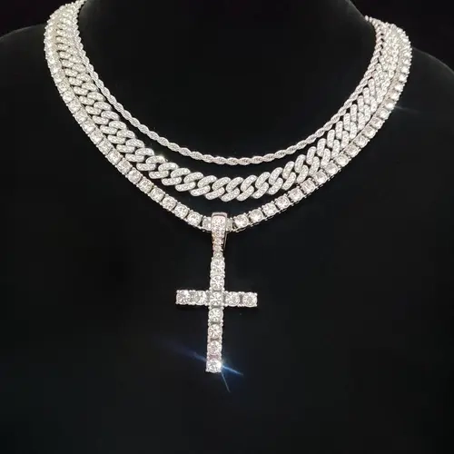 Summer Hip-Hop Style Rhinestone Decor Cuban Link Chain & Cross Charm Necklace Set for Men & Women, Punk Style Exquisite Trendy Iced Out Jewelry, Fashionable Chain Decorated, Ideal Gift