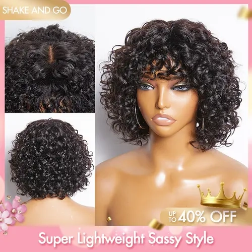 Light Weight Short Cut Water Wave Glueless Minimalist Lace Wig With Curly Bangs