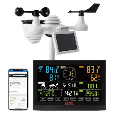 【fathersdaygift】VEVOR 7-in-1 Wi-Fi Weather Station 7.5 in Color DisplayHome Weather Station Indoor Outdoorwith Solar Wireles s Outdoor Sensor Alarm Alertsfor Temperature Humidity Wind Speed/Direction Rain, Solar Powered Thermometer, Wifi Wireless Thermome