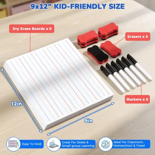 GAMENOTE 6-Pack 9x12in Magnetic Dry Erase Lap Boards - Double-Sided Lined & Blank Erasable Drawing Boards for Children Aged 4-12 Years, with Markers & Erasers, Easy-Clean for Classroom Writing Practice