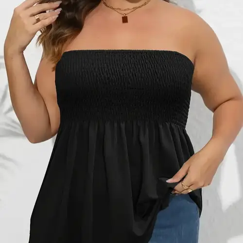 Plus Size Solid Ruffle Hem Peplum Shirred Fitted Tube Top, Boho Fashion Chic Elegant Style Tops, Lady Strapless Top, Womenswear, Casual Summer Sleeveless Strapless Black Top