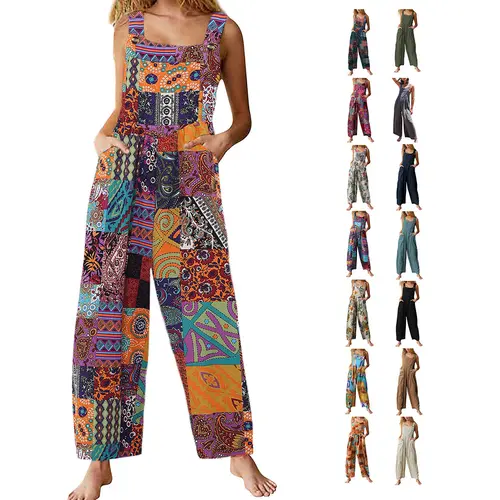 SCUSTY Overalls Women's Patchwork Dual Pocket Jumpsuit Summer Boho Loose Floral Print Bohemian Wide Leg Bib Overall