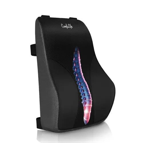 ComfiLife Lumbar Pillow - Fully Assembled Adjustable Breathable Mesh Ergonomic Memory Foam Back Cushion with 3-Strap System, Leatherette Finish, Firm Support, for Car/Office, Low Back Pain Relief, Modern Durable Office Furniture Accessory
