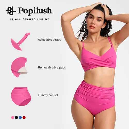 Popilush High-Waisted Tummy Control Ruched Padded Bikini Set - Adjustable Straps, Stylish Sports & Outdoor Swimwear