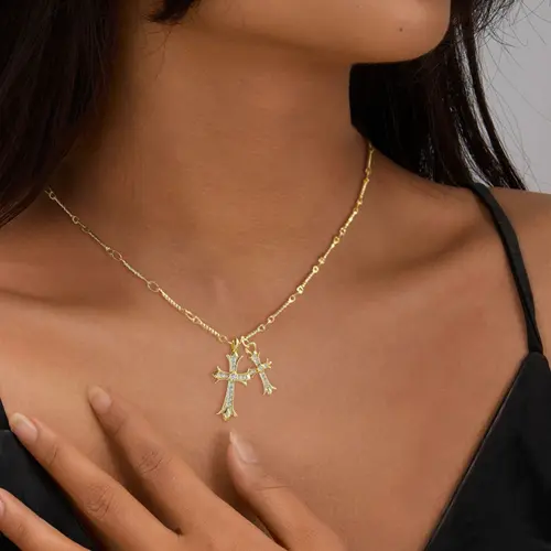 MIDEEO Cross Design Pendant Necklace, 14K Gold Plated Double Cross with CZ Cubic Zirconia, Non Tarnish Necklaces for Women, GF Gift Cool Gifts for Adults Dainty Birthday Jewelry