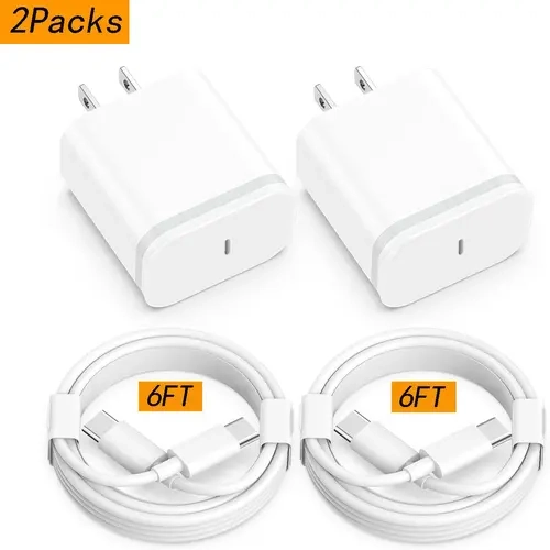 2-Packs Compact Cube 20W USB-C Mobile Power Adapter (Fireproof Shell, 110v-240v, Easy to Carry) with 6FT/10FT Android Data Cables for iPhone 16/15 Series, iPad, Samsung Smartphones