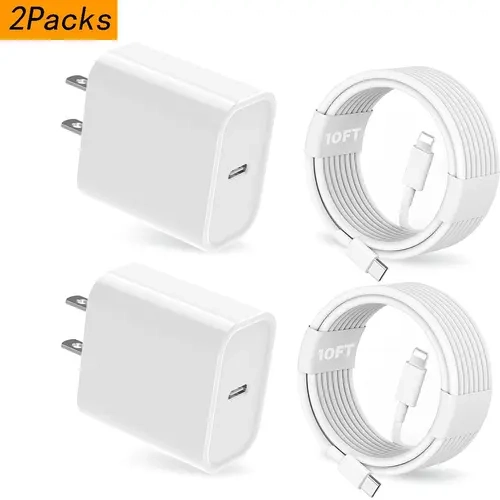 10FT/6FT 2 Pack 20W PD USB C Wall Fast Charger Adapter with 2 Pack 10FT Long Type C to Lightning Cable Compatible for iPhone 14 13 12 11  XR XS X,iPad Charging Port, Smartphone, Cellphone