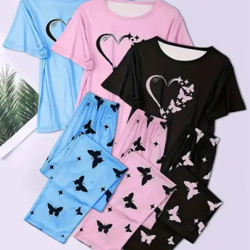 6-Piece Aesthetic Heart Butterfly Print Knitting Pajama Set, Short Sleeve Round Neck Top and Elastic Waist Pants, Women's Sleepwear, Pyjamas, Loungewear and Casual Wear, All Seasons