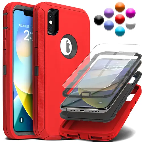 Black Triple-Layer Heavy-Duty Rugged Drop-Proof Cover for iPhone X/XR/Xs Max Handheld Devices, Mobile Phone Protection Accessory [Free Tempered Glass Screen Protector]