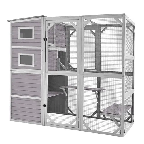 Aivituvin-AIR54 Large Solid Fir Wood Cage Kennel - Waterproof, Escape-Proof, Animal-Friendly Paint, Heavy-Duty Galvanized Predator-Proof Wire, Enclosed Cat/Bird House, Play Area, Window Access Door, 69.3" High Climbing Annex, 3 Modular Shelves