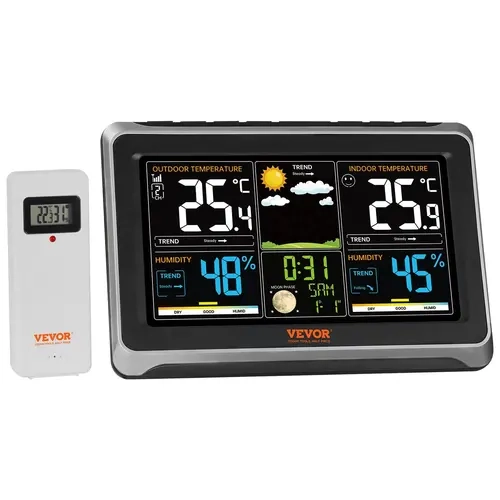 VEVOR Wireless Digital Weather Station - 7.5 in Color Read Display, Sensor + Display Setup, 2sec Time Set, Wireless Thermometer with Accurate Temperature Monitoring, Atomic Clock Sync, 3-level Backlight, Forecast Data, Indoor Home Life Tool