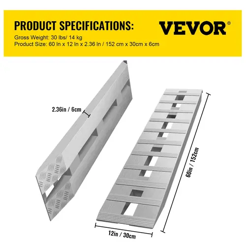 VEVOR Aluminum Alloy Trailer Ramp Set (1 Pair), 60x12x2.5in, 6000LBS Load Bearing, Slip-Resistant Beavertail Hook-End, Home Improvement Building Supplies for Motorcycle, Bicycles, 30-Day Free Returns, Fast & Secure Delivery, 24/7 Attentive Service