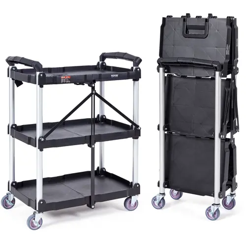 【toolupgrade】VEVOR Heavy-Duty PVC 3-Shelf Mobile Quiet Utility Organiser Cart - 165 lbs Capacity, Lockable 360° Swivel Steer Casters, Ergonomic Handle, Collapsible Stable Rolling Stand, Durable Tool Racks - Ideal for Office, Residential Use