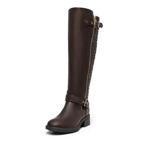 Dream Pairs Women's Retro Knee-High Riding Boots, Winter Warm Faux Fur Lining, Side Zip Entry, Adjustable Buckle Strap, TPR Wear-Resist Rubber Sole, 1-3 cm Low Comfortable Heels, Platform, Casual Footwear