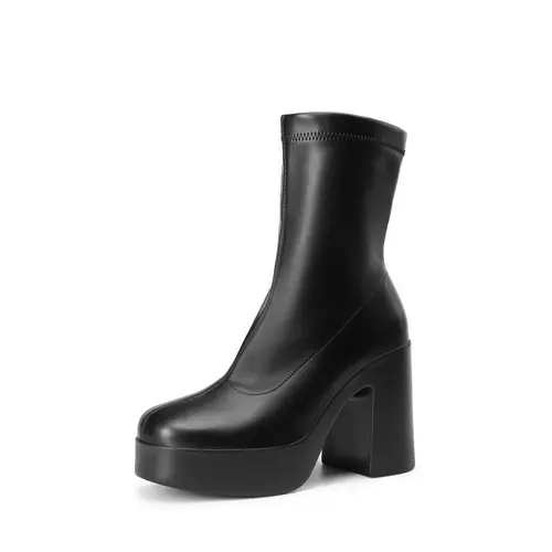 【Deals For You Days】DREAM PAIRS Women's Square Toe Platform High Chunky Block Heel Y2K Ankle Flared Leather Boots Girl Inner Side Zipper for Easy Wear Fall Autumn Winter Classic Comfortable Walking Shoes,summerwins,summeroutfits,vacationoutfits