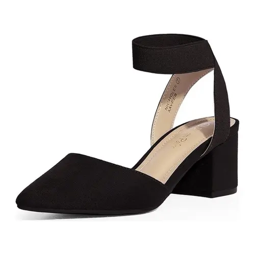 Dream Pairs Women's Elegant Fashionable Block Heeled Sandals - Black Suede, Pointed Toe, Chunky Sole, Elastic Ankle Strap, Flexible Padded Insole, Dressy Platform, Comfortable Heels Footwear for Formal Occasions