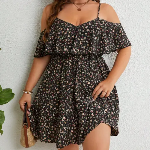 Plus Size Ditsy Floral Print Cold Shoulder Spaghetti Strap Casual Ruffle Trim A Line Dress, Boho Romantic Short Dress for Beach Vacation Holiday, Casual Wear Summer Outfits, Dresses for Women, Boho Sundresses, Bohemian Fashion