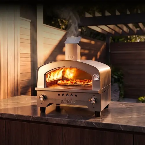 BIG HORN OUTDOORS 15in Portable Propane Gas Countertop Pizza Oven, 750°F Fast Heating, 14.7" Stone Heat, 60s Bake, Arc Chamber, Stainless Steel with Stone, Hose, Thermometer & Ignition for Backyard BBQ, Camping (Cooks Pizzas, Steaks, Veggies, More)