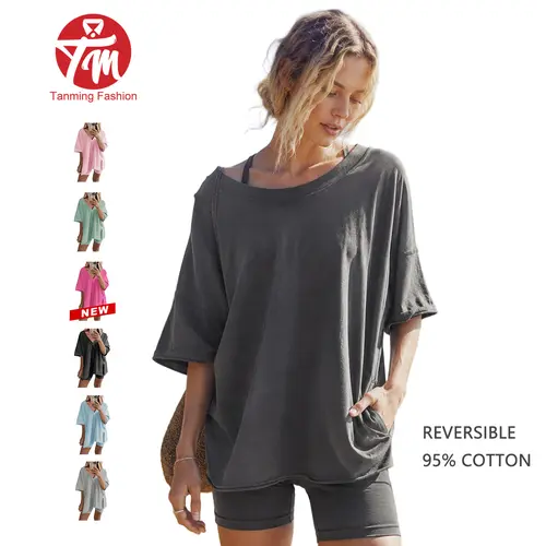 Tanming Womens Cotton 2 Piece Sets Oversized Reversible V Neck Crewneck Tee High Waist Biker Shorts Matching Outfits with Pockets Casual Summer Workout School Loungewear Clothing