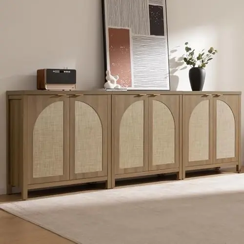 SICOTAS Rattan Wood Home Storage Cabinet - 6 Shelves (Adjustable Your Way), Hidden Storage, TV Stand Living Room, Display Cabinet Living Room Furniture, Farmhouse Decor