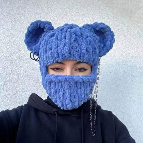 2025 Novelty Bear Ear Balaclava Beanies Chain Outdoor Ski  Winter  for Women Ear Protection Knitted hat