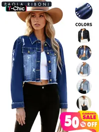 Women's High Elasticity Raw Hem Long Sleeve Collared Button Down Cropped Denim Jean Jacket, Coats, Casual Plain Ripped Style for All Seasons, Long Sleeve Women's Outerwear