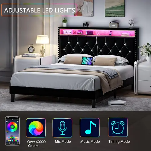 HOMBCK Modern Leather Upholstered Queen Size Bed Frame - Quiet No-Box, Glow + Charge (LED Lights, USB Port), Diamond Tufting, 6.3" Under Storage, Noise-Free, Assembly Required, Room Decor, Apartment Furniture (Mattress Not Included)