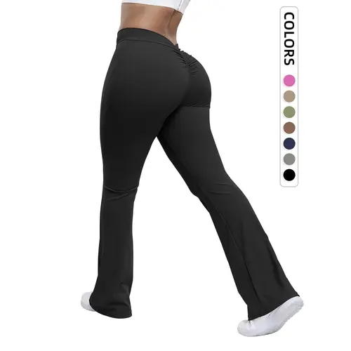 Women's Solid Ruched High Waist Sports Tummy Control Leggings, Breathable Flare Leg Trousers for Yoga Gym Workout Running, Ladies Sportswear, Activewear Pants, Gym Yoga Clothing, High Waisted Leggings
