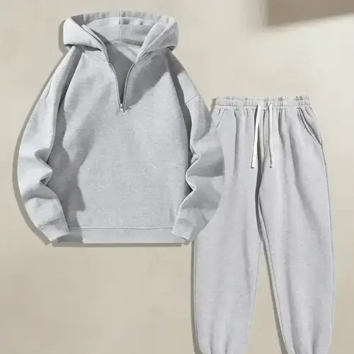 【Black Friday】Men's Solid Zipper Two-piece Set, Casual Long Sleeve Hoodie & Drawstring Pocket Sweatpants for Fall & Winter, Fashion Cozy Men's Outfits for Daily Wear
