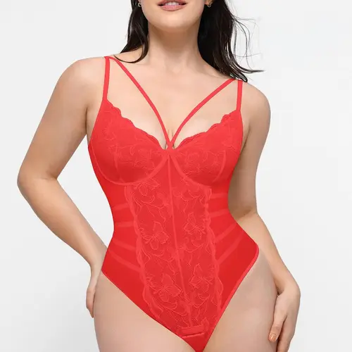 FeelinGirl  Shapewear Bodysuits for Women V Neck Tummy Control Blackless Body Suits Thong Breathable Comfort Fabric Lace