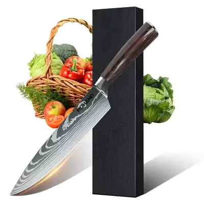 Japanese Chef Knife - 8 Inch Sharp Damascus Style Stainless Steel Pro Kitchen Knife, Ideal for Slicing and Cooking