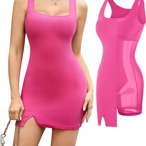 Popilush Women's 8-in-1 Mini Cocktail Dress with Built-in Shapewear Bra, Ribbed Stretchy Mesh Fabric, Comfortable Square Neck, Strap Design, Side Slit for Summer Parties