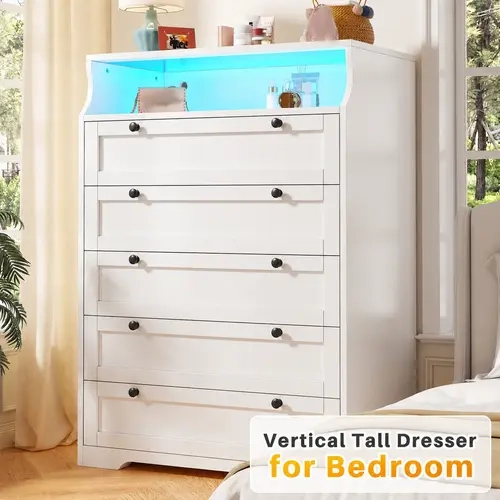 RaybeeFurniture 5-6 Drawer Dresser with LED Lights for Bedroom, Modern Wood Dresser Chest with Large Storage Organizer, Tall Wide Chest of Drawers for Closet, Living Room, Hallway, Sturdy Wooden Dressers for Small Spaces, Home Decor Furniture