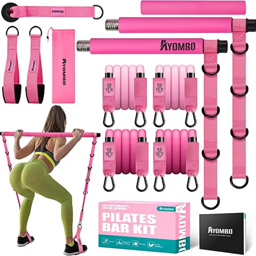 HPYGN Stainless Steel 3-Section Adjustable Pilates Bar Kit, Anti-Slip Foam Grip, 4 Adjustable Elastic Bands, Door Anchor Compatible, Home Exercise Equipment, Gym Stuff Accessories for Leg & Hip Training (Ideal for Women, Great Gift)