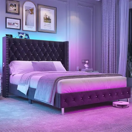 Queen/King/Full Size LED Upholstered Bed Frame with Wingback Headboard, Velvet Diamond Button Tufted Bed Frame with USB & Type-C Ports, Wood Slats Support, No Box Spring Needed, Cream White/Dark Gray/Pink