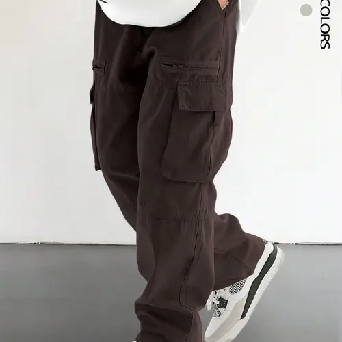 Men's Loose Solid Pocket Drawstring Waist Cargo Pants, Unisex Casual Comfy Zipper Cargo Pants for Daily Outdoor Wear, Women Woven Bottoms for All Seasons Adjustable Waist Pants