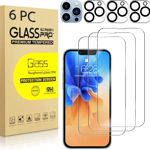 [3+3] Pack Tempered Glass Screen Protectors & Camera Lens Protectors for iPhone 18 Pro Max,17 Air,16,16e,15,14 Plus,13 Mini,12,11 Pro Max - 9H Hardness, Bubble Free, Case Friendly, Anti-Scratch Phone Accessories for Screen & Lens Protection