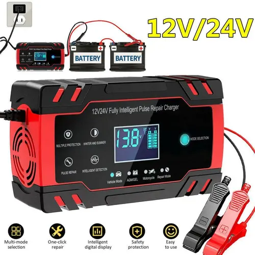 10-Amp 12V-24V Fully-Automatic Smart Car Battery Charger - 3-Stage Auto Charge, Maintainer, Trickle Charger & Desulfator with Temperature Compensation, 100-240V AC 50-60Hz Global Input, 1x User Manual for Vehicle, Cars/Motorcycles, Trucks, Fan Repair Tool